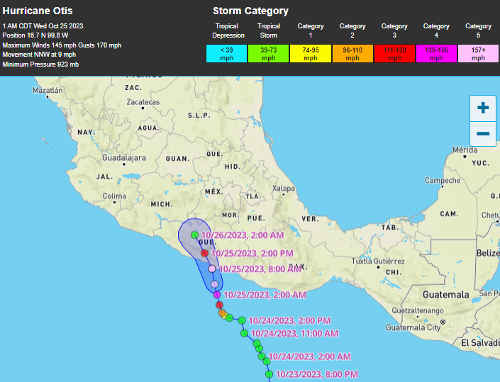 De route van orkaan Otis. Te zien is hoe de tropische storm zich ontwikkelde tot krachtige orkaan van de hoogste 5e categorie in 24 uur tijd.
