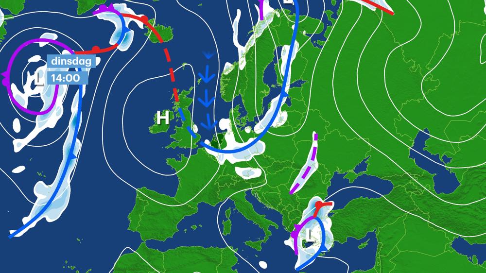 Hogdrukgebied boven Ierland en een noordelijke tot noordwestelijke stroming boven de Noordzee en nederland