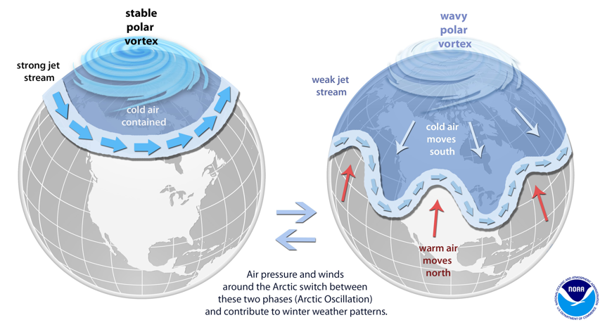 Links: de normale situatie; Rechts: Een plotseling opgewarmde stratosfeer met afgezwakte winden rondom de noorpool. (Bron: NOAA)