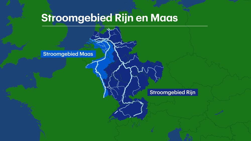 De stroomgebieden van de Rijn en de Maas. De regen die in deze gebieden valt, wordt door de Rijn of de Maas afgevoerd naar de Noordzee.