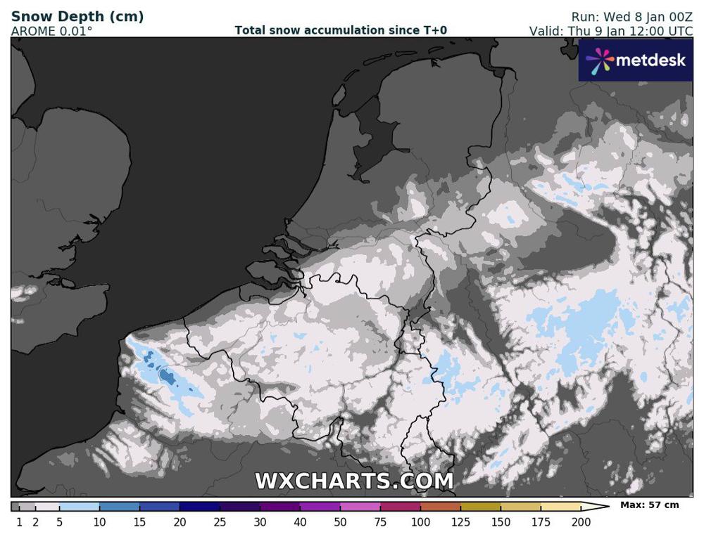 Een indicatie waar het wit kan worden. verwachting t/m donderdagmiddag (bron: wxcharts)