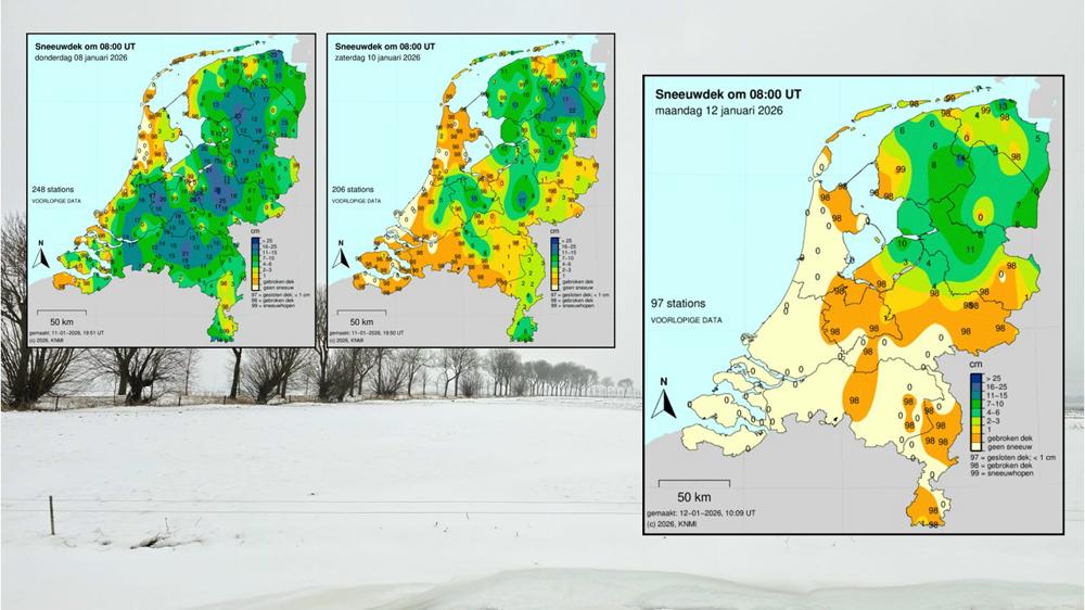 Sneeuwdek op resp. 8, 10 en 12 januari om 09:00 uur lokale tijd. Het is duidelijk te zien dat de sneeuwlaag al flink is afgenomen. (bron: KNMI)
