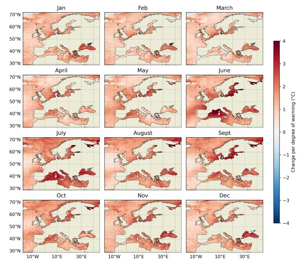 De verandering in de gemiddelde zeewatertemperatuur per graad wereldwijde opwarming. De watertemperatuur van Europese zee&Atilde;&laquo;n stijgt sneller dan de luchttemperatuur.