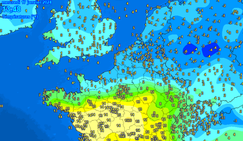 De zachte lucht heeft het midden en zuiden van Frankrijk bereikt (bron: meteociel)