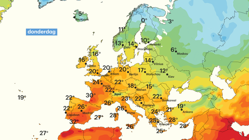 Temperatuurverwachting voor Europa, met vanuit het zuiden de aanvoer van warm lucht (bron: Buienradar/RTL Weer)